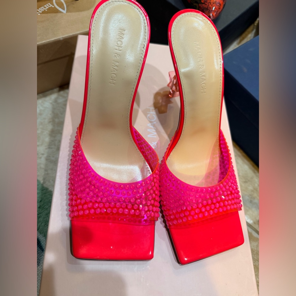 MACH & MACH Neon Hot Pink Jeweled Block Heel Sandals